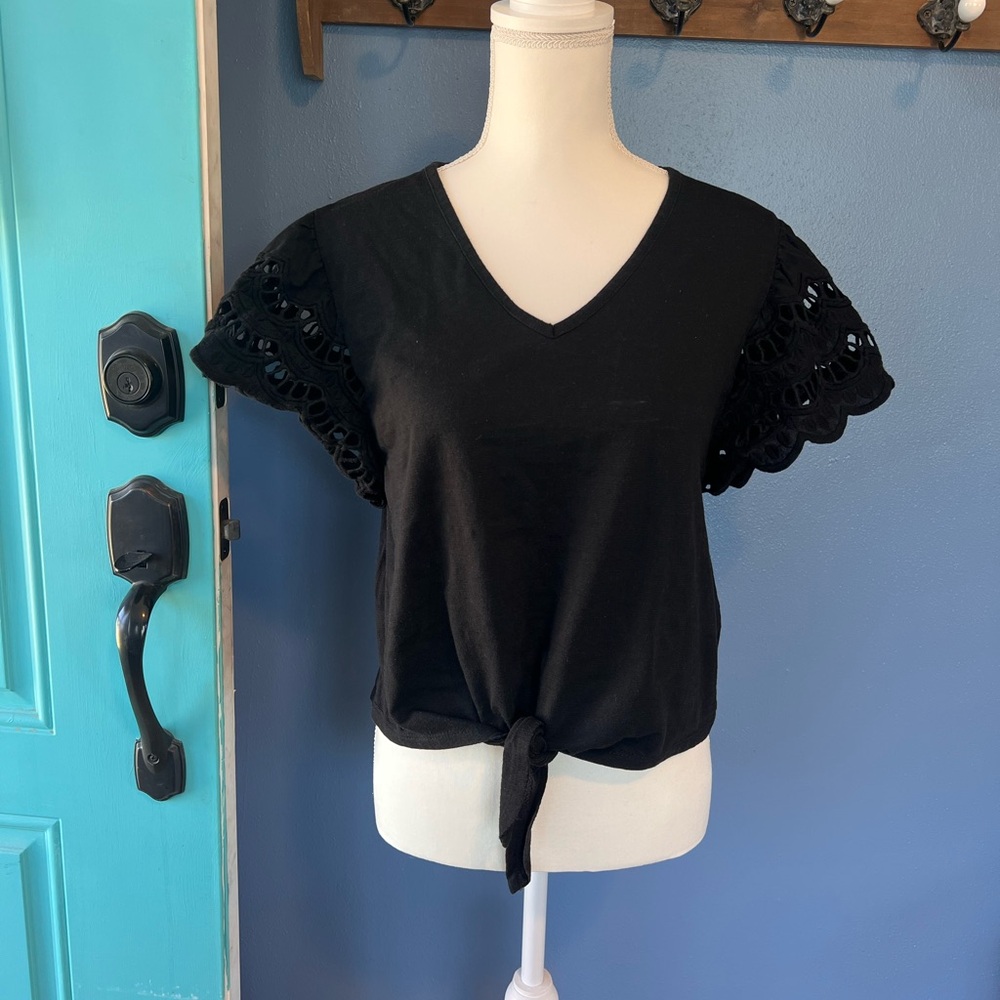 Maurices Black Crochet Sleeve Tie-Front Tee
